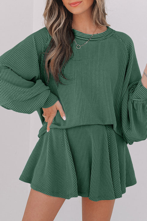 Corded Lantern Sleeve Top Ruffled Mini Skirt Two Piece Dress